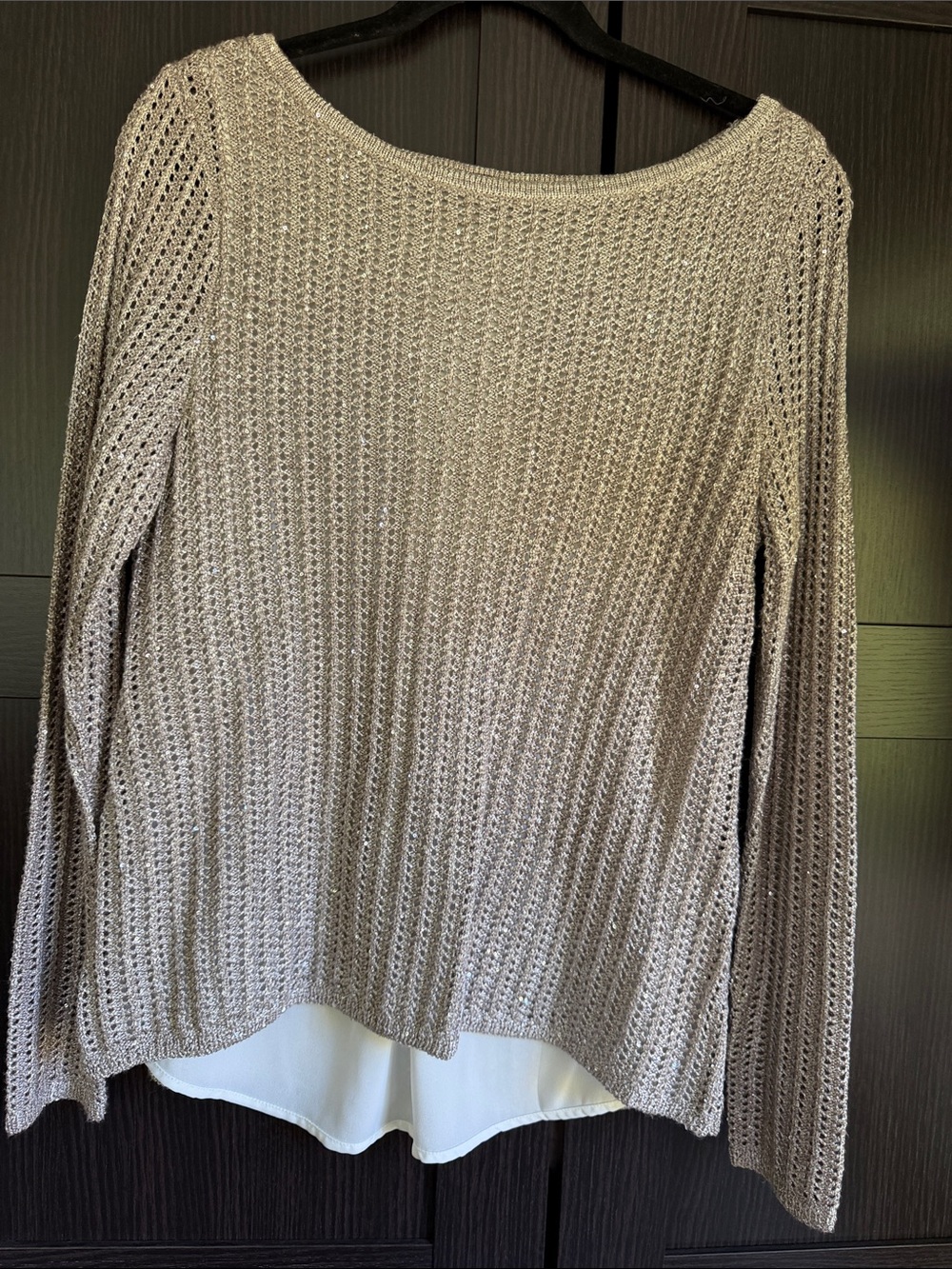 Light Taupe Open-Knit Scoop Neck Sweater with White Layered Hem